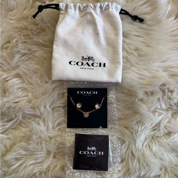 NWT Coach Open Circle Necklace And Tea Rose Stud Earrings Set - Picture 2 of 8